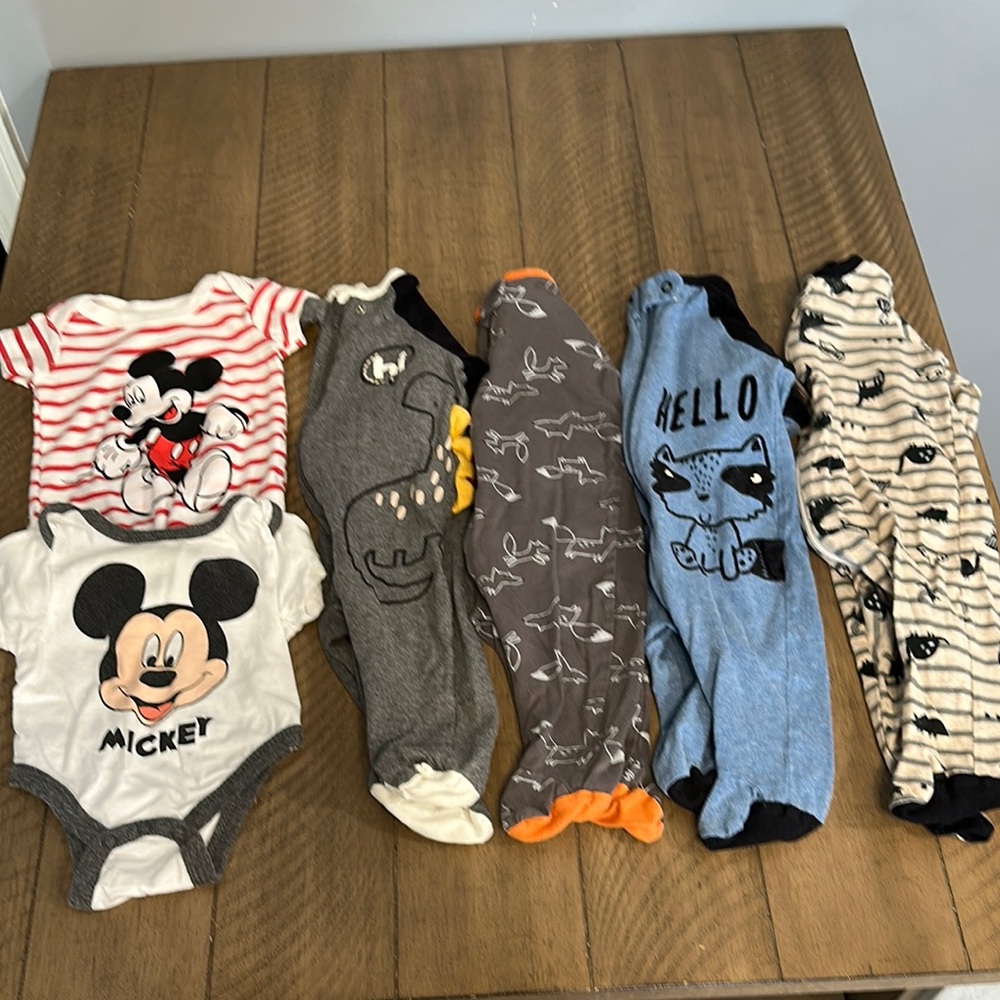 Disney Mickey Mouse Baby Bodysuit and 4 footed pajamas.